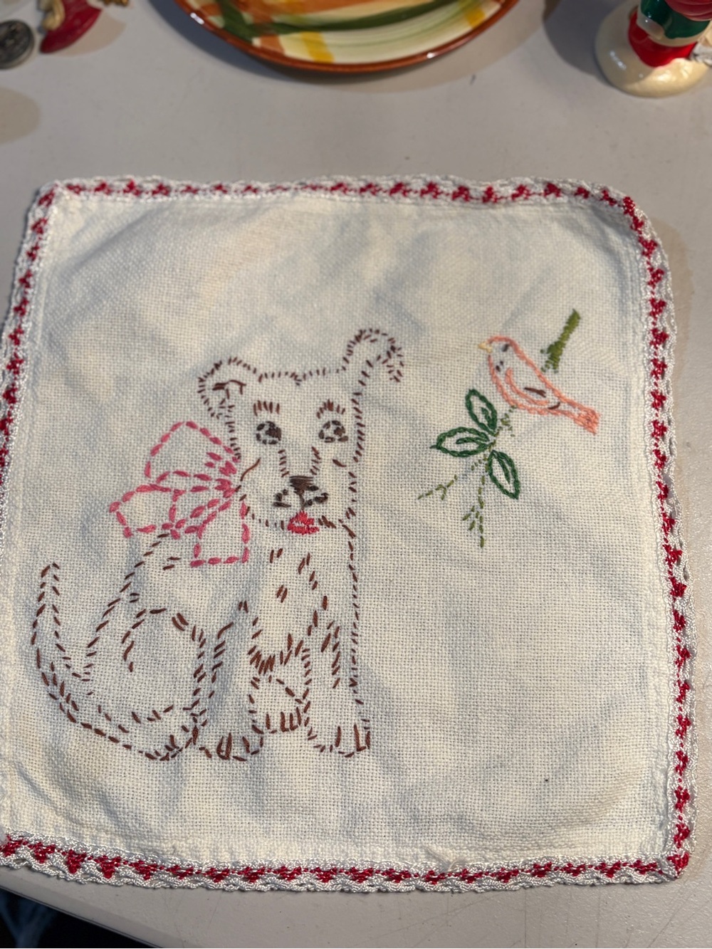Vintage Hand-Embroidered White Dog Linen with Pink Bow and Green Accent